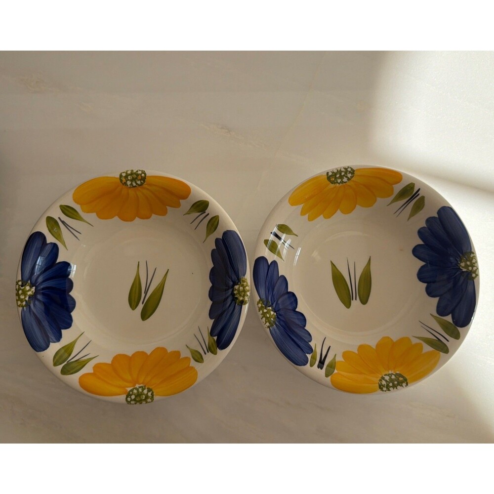 Set Of 2💥MAXAM LaPrimula Made Italy Hand Painted Daisy Yellow Blue Bowls 8.5”